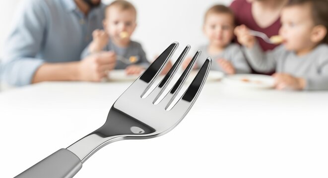 Fork in focus with family eating together at the dining table