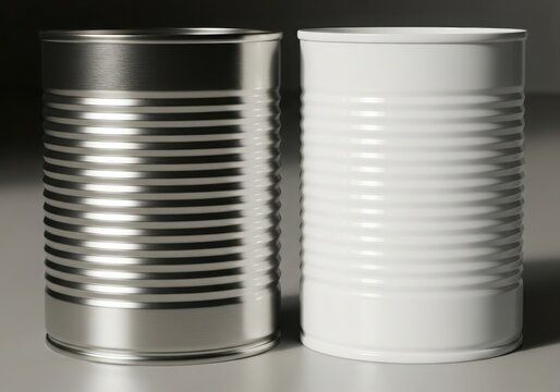 Two food cans one metallic silver and the other white stand side by side showcasing their ribbed texture and cylindrical form against a dark background