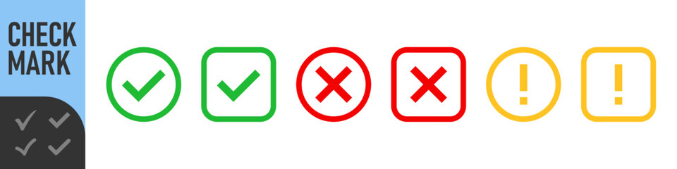 Obraz premium Green tick red cross vector icons. Tick and cross marks. Accepted, rejected, approved, disapproved, right, wrong, correct, false symbols. Checkbox and cross, thin line icons. Check and wrong marks