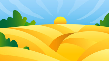 Obraz premium Rural landscape vector illustration. Horizon view of wheat hills valley. Sunset meadow outdoor field scene.