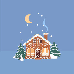 Cozy gingerbread cookie house with icing, snowman and pine trees in snowy winter landscape, holiday night scene with moon and falling snow, festive Christmas vector illustration for seasonal design