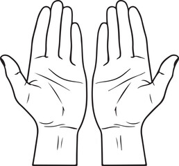 Obraz premium Open hands outline vector art drawing for offering, receiving, giving, empty, prayer, charity concepts in graphic design