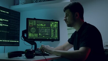 African American man, an artificial intelligence engineer, is deeply focused on coding at his workstation, with multiple screens displaying data, camera pans and zooms in on his actions - Powered by Adobe