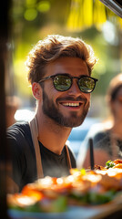 A cheerful man with a beard and dark sunglasses smiles widely, enjoying the sunny outdoor market atmosphere near delicious food.