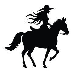 Cowgirl riding a horse with flowing hair in silhouette