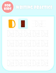 Letter D tracing. Worksheet for children, writing practice page. English alphabet handwriting study.