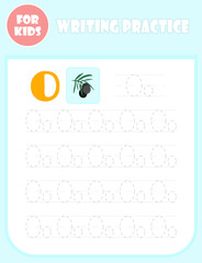 Letter O tracing. Worksheet for children, writing practice page. English alphabet handwriting study.