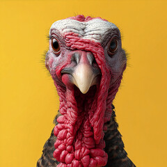 Closeup of a turkey on a yellow background. 