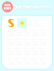 Letter S tracing. Worksheet for children, writing practice page. English alphabet handwriting study.