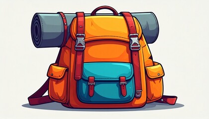 Cartoon Hiking Backpack with Sleeping Mat on Transparent Background