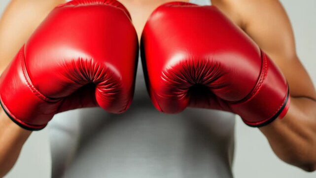 Dynamic closeup of boxer in action with red gloves punching towards camera