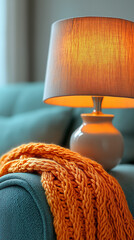 A cozy living room scene with a warm glowing table lamp and an orange knitted blanket draped over a teal sofa.