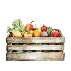 Watercolor_style_painting_of_a_wooden_crate_with_vegetabales, Hand-painted style, vectorized, vector set available in EPS, plant set