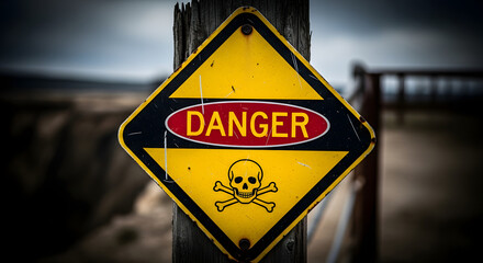 A yellow danger sign with skull and crossbones on a weathered wooden post in an outdoor setting near a fence