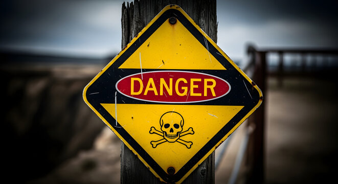 A yellow danger sign with skull and crossbones on a weathered wooden post in an outdoor setting near a fence