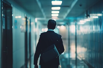 Businessman Walking in Modern Office Hallway, Ai Generated