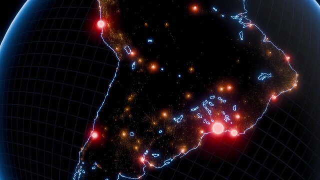 A population density map of the Americas, moving from South America to North America, with the most populated regions highlighted using bright red markers. Clear geographic details.