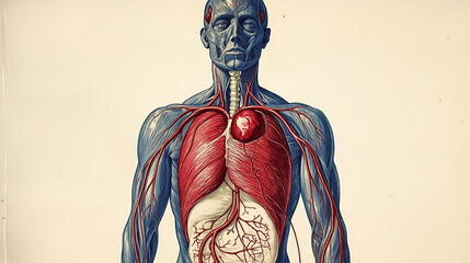 An anatomical illustration of the human circulatory and respiratory systems showcasing the heart and lungs in detail.