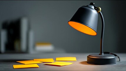 Stylish black desk lamp casting warm orange light on yellow sticky notes, perfect for focused work, study, and creative thinking.
