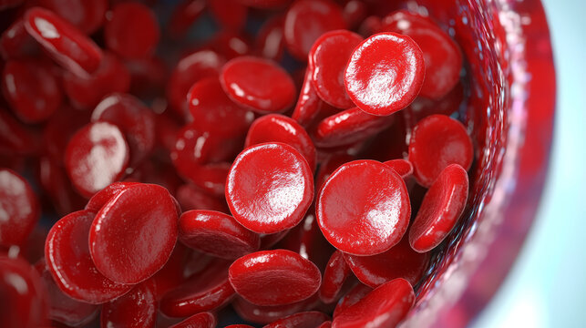 Red blood cells flowing through a blood vessel showing their characteristic biconcave shape and rich red color.