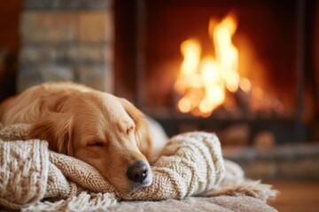 Golden retriever sleeping by the fireplace