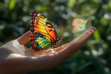 Colorful butterfly gracefully takes flight from a woman's hand in a lush green environment