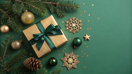 Golden present wrapped with green bow surrounded by festive decorations and green pine