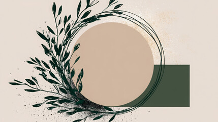 Abstract organic botanical line art illustration with a natural color palette, offering a blank copy space circle frame for modern design and branding