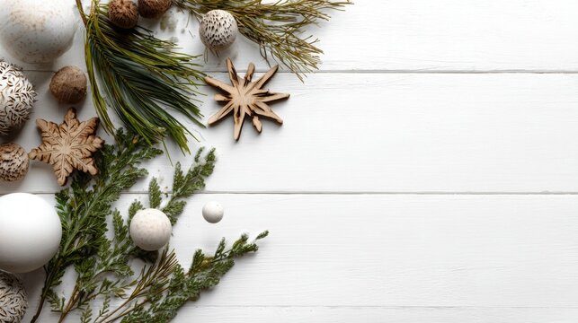 Winter flat lay of evergreen branches, rustic wooden snowflakes, white ornaments and dried pinecones on painted wooden planks with generous copy space for seasonal design