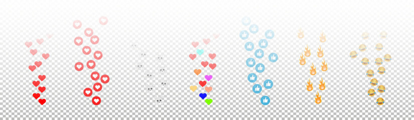 Like icons flying up for live streams. Emoticons. Social media reactions Smile fire poop Funny faces Emoji. Vector © YURII