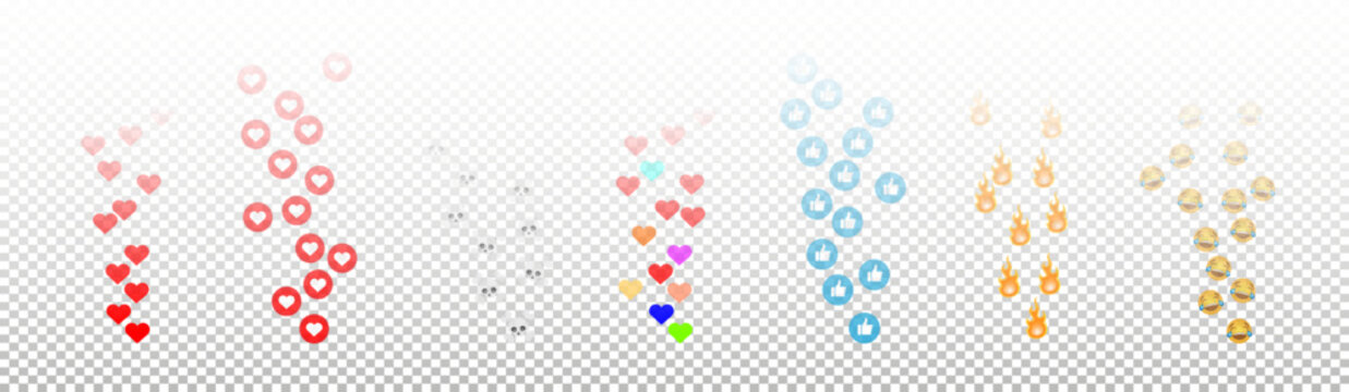 Like icons flying up for live streams. Emoticons. Social media reactions Smile fire poop Funny faces Emoji. Vector