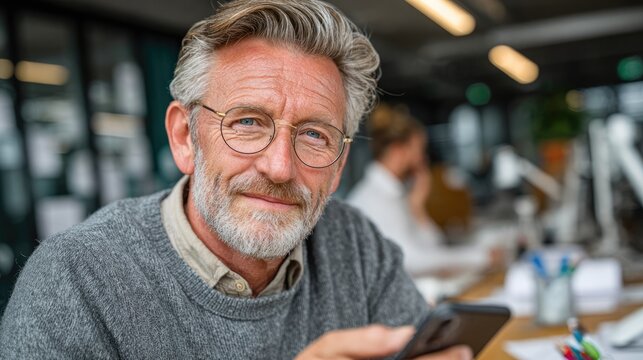 Close-up portrait of cheerful mature man with glasses holding smartphone in busy office environment