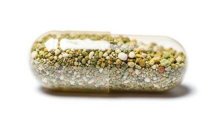 Transparent capsule filled with colorful granules on white background  