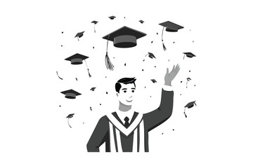 Joyful Male Graduate Celebrating Success Throwing Cap Grayscale Vector Art Illustration