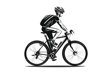 Dynamic Silhouette of Male Mountain Biker Riding with Backpack and Helmet