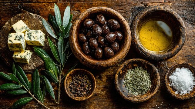 Mediterranean Ingredients Arrangement with Olives, Herbs, Cheese and Olive Oil on Rustic Wood