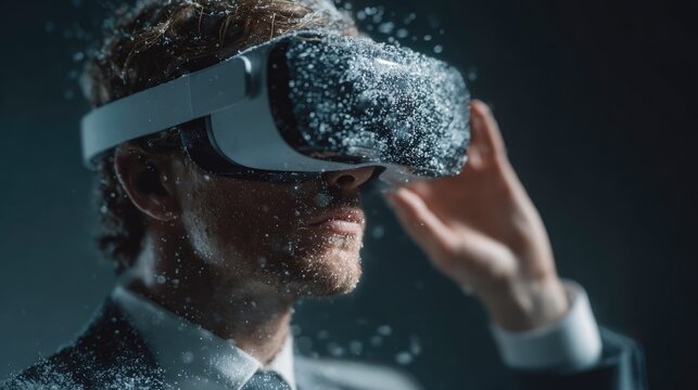 Businessman Wearing VR Headset Surrounded by Floating Digital Particles