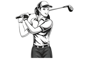 Cheerful Female Golfer Swinging Club with Confident Smile and Cap