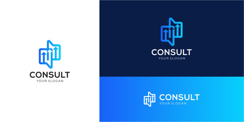 Financial consult logo design ideas. Vector of growth chart with bubble speech icons symbols. Media tech for talk, chat, and consult forum communications.