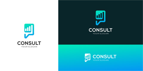 Financial consult logo design ideas. Vector of diagram chart with bubble speech icons symbols. Media tech for talk, chat, and consult forum communications.