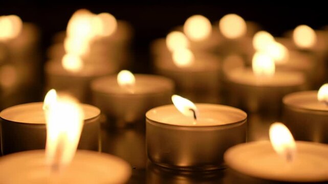 Warm glow emanates from a collection of lit tealight candles against a dark background, creating a soft, flickering light