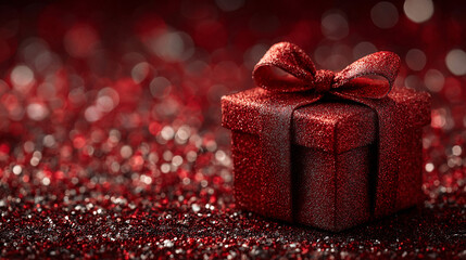 Glittering red gift box with a bow