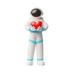 Astronaut standing and showing heart in hands 3D cartoon plastic style, vector cosmonaut character in spacesuit in love