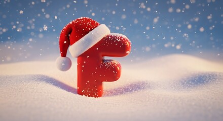 Red letter f wearing a santa hat in the snow with snowflakes falling in a christmas scene setting
