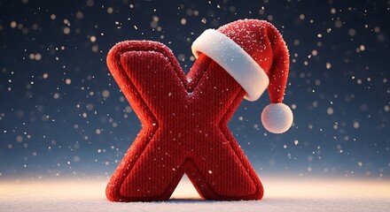A festive red letter x wearing a santa hat surrounded by falling snow on a snowy surface outdoors