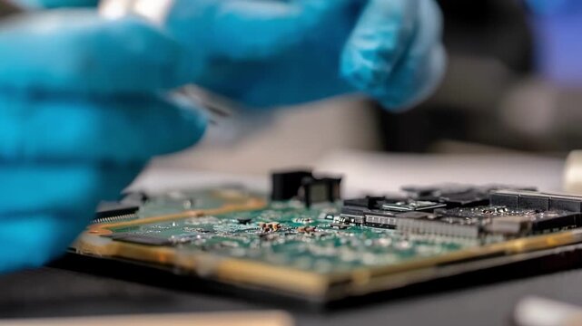 Closeup medium view of an operator carefully preparing a circuit board with selective masking tape to enable intricate electroplating on designated areas.