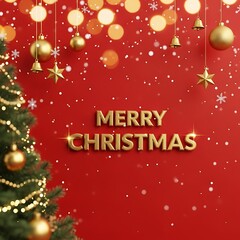 Festive christmas scene with tree ornaments and merry christmas text on red background with bokeh lights