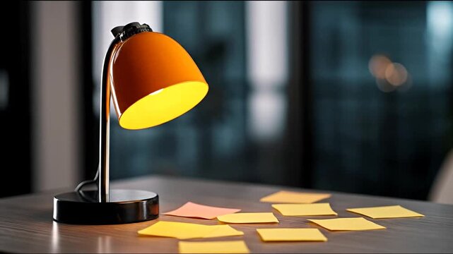 Focused light from an orange desk lamp illuminates scattered sticky notes on a wooden desk, symbolizing ideas, work, and productivity.