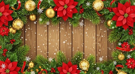Festive christmas frame with poinsettias ornaments and snow on a wooden background for holiday cheer