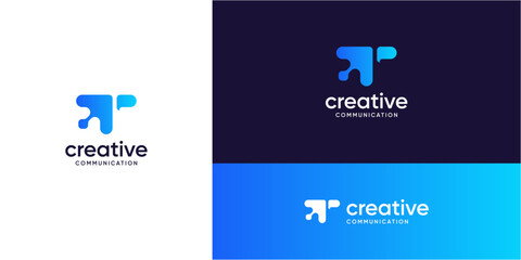 Abstract letter T with arrow and bubble speech logo design ideas. Media tech for talk, chat, and consult forum communications.